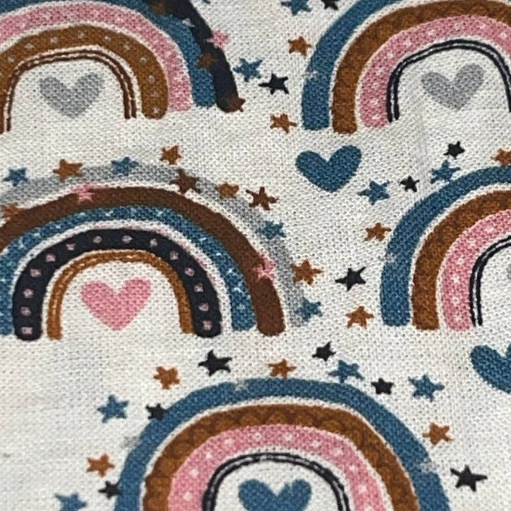 SOLD 
cotton fabric with rainbows hearts dots 42" x 72" 2 yards